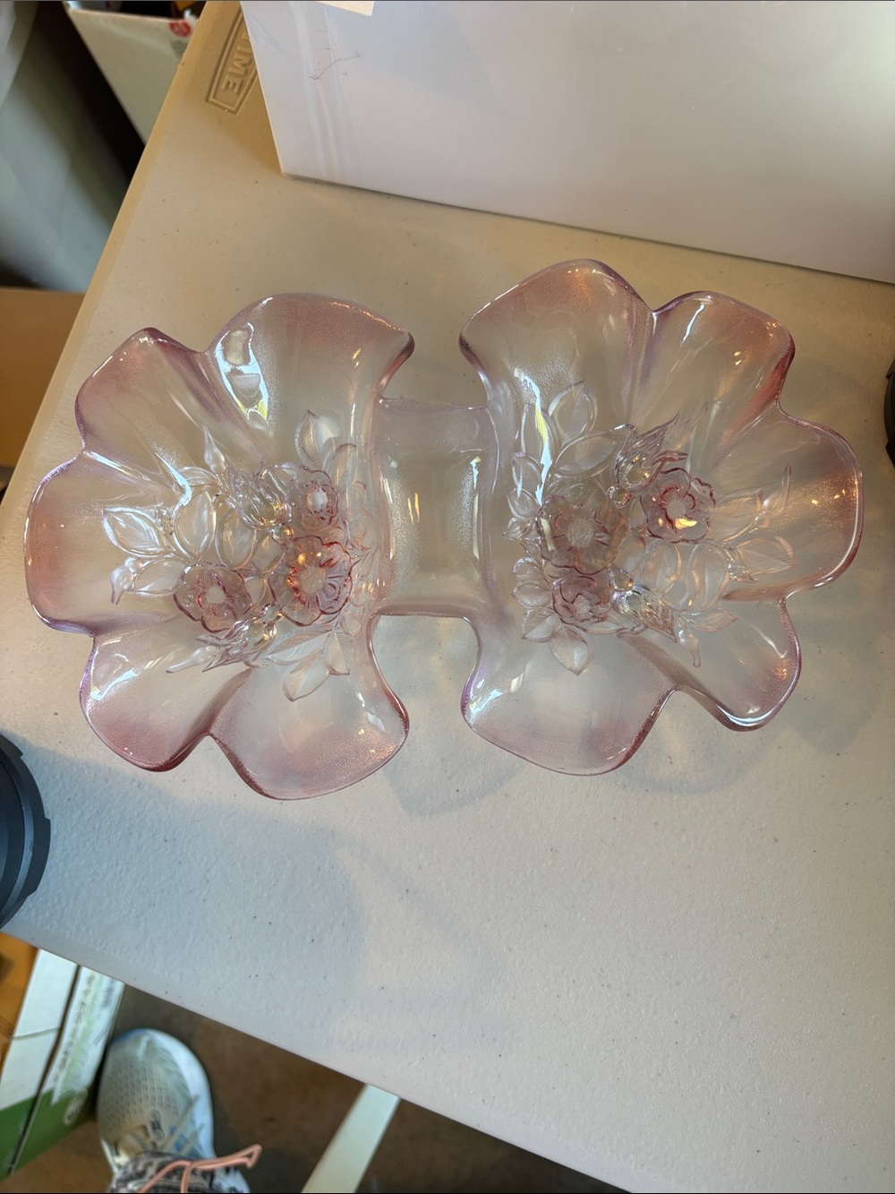 Iridescent Pink Floral Glass Double Dish/Mikasa “Rosella” Pattern 2-Part Dish